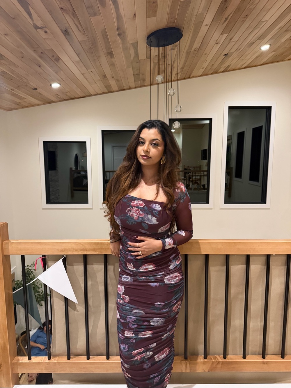 Women's Burgundy Floral Long-Sleeve Ruched Bodycon Dress